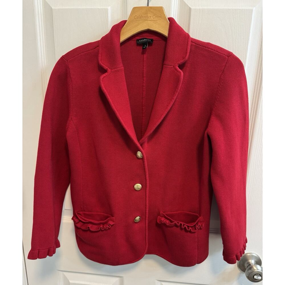 Talbots Small Short Red Cardigan Jacket Gold Buttons Collar Long Sleeve Preowned